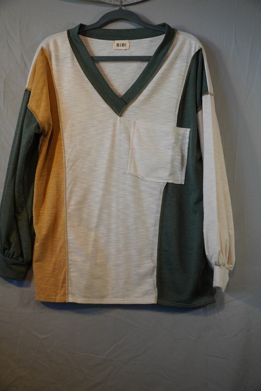 Bibi Colorblock Patchwork V Neck Pocket Top Sage Green Mustard Oatmeal Large